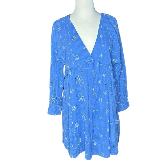 Zara NWOT Embroidered Mini Dress Size Medium Blue Babydoll Bohemian - Picture 2 of 8